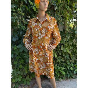 Vintage 60s 70s Coral Orange WHITE GOLD Psychedelic Floral Dagger Shirt Dress Sz